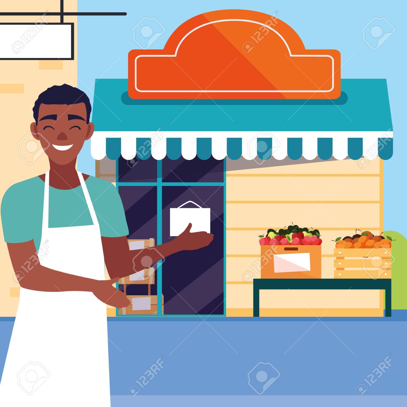 salesman with fruits store facade building vector illustration design - 153947299 salesman with fruits store facade building vector illustration design - 153947299