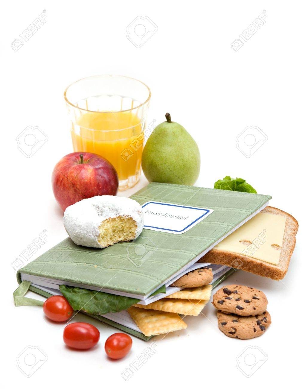 food journal or diary surrounded with different foods health
