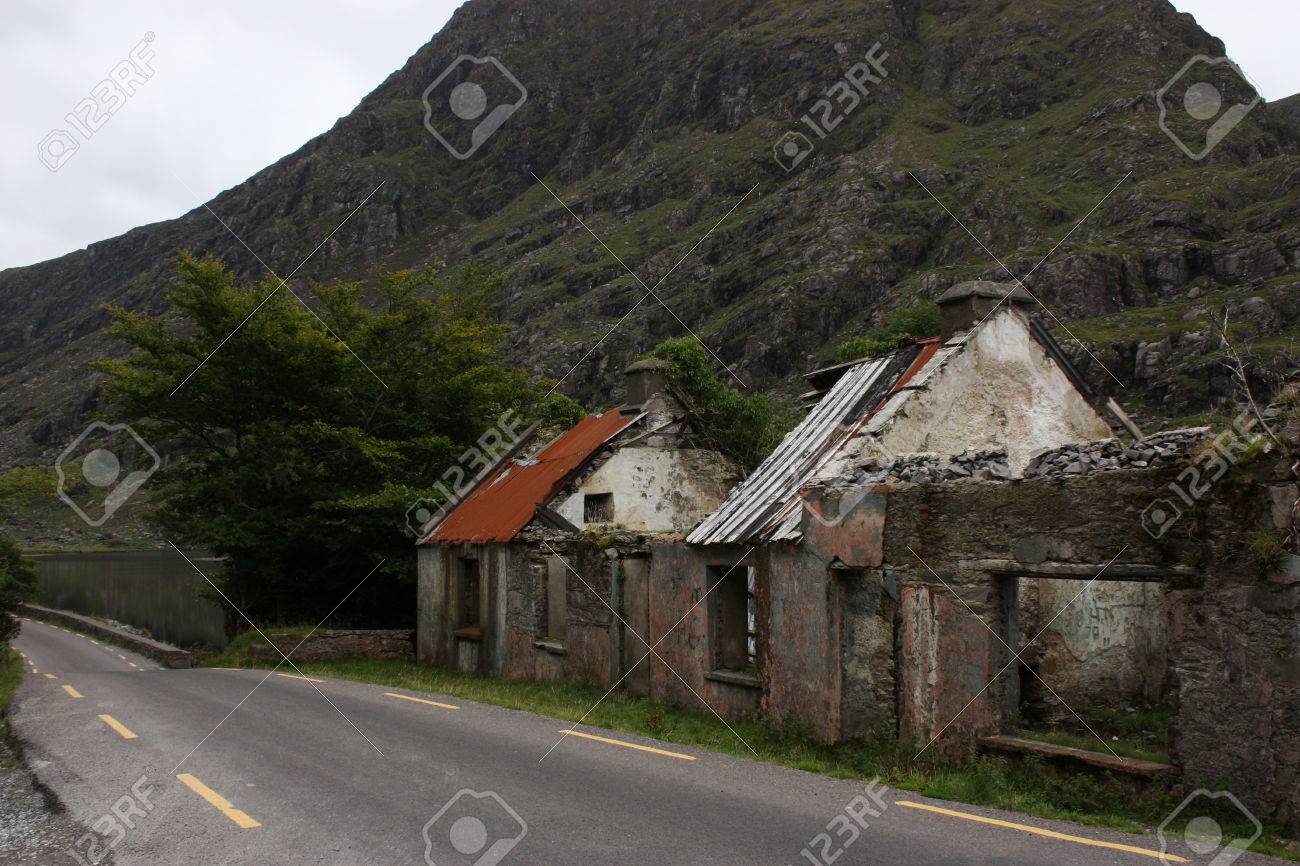 背景に木がある幹線道路沿いのアイルランドで遺棄された家 の写真素材 画像素材 Image