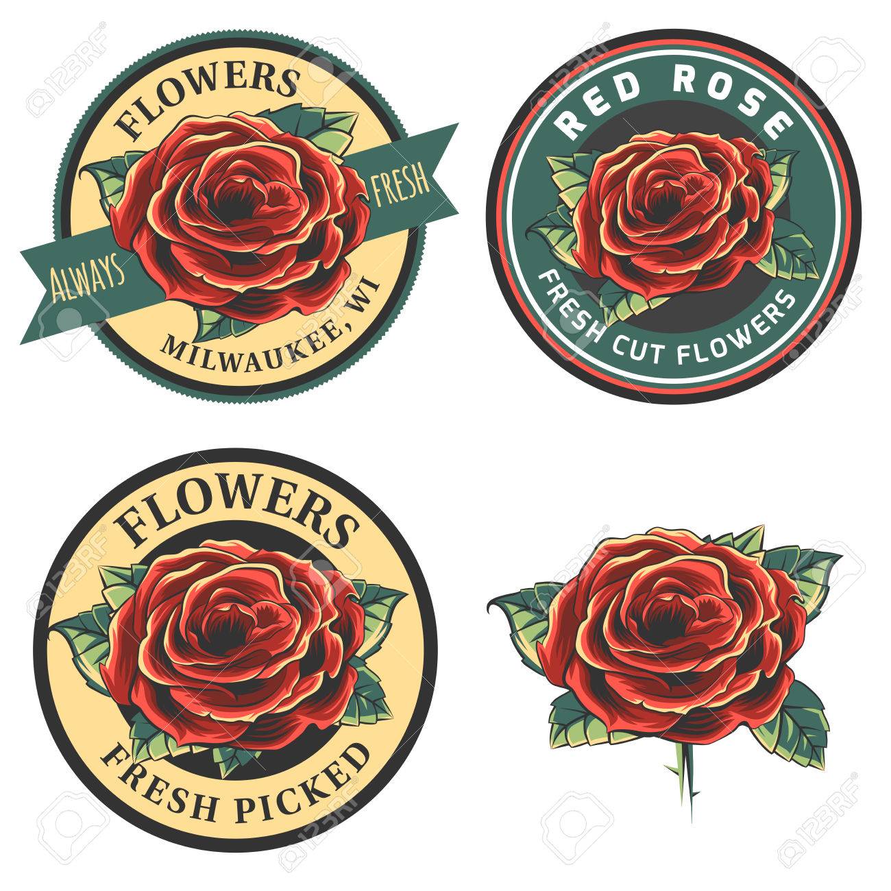 Set Von Vintage Blumen Logo Abzeichen Und Embleme Vektor Illustration Isoliert Auf Weissem Hintergrund Rote Rose Mit Blattern Lizenzfrei Nutzbare Vektorgrafiken Clip Arts Illustrationen Image 76998715