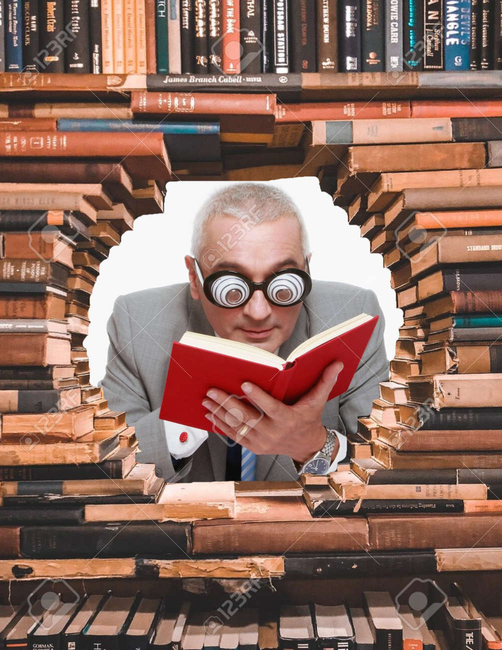 Stacks Of Library Books With A Hole In The Middle With A Man Wearing Funny  Glasses Is Reading A Book Stock Photo, Picture and Royalty Free Image.  Image 152546347., image size:1004x1300