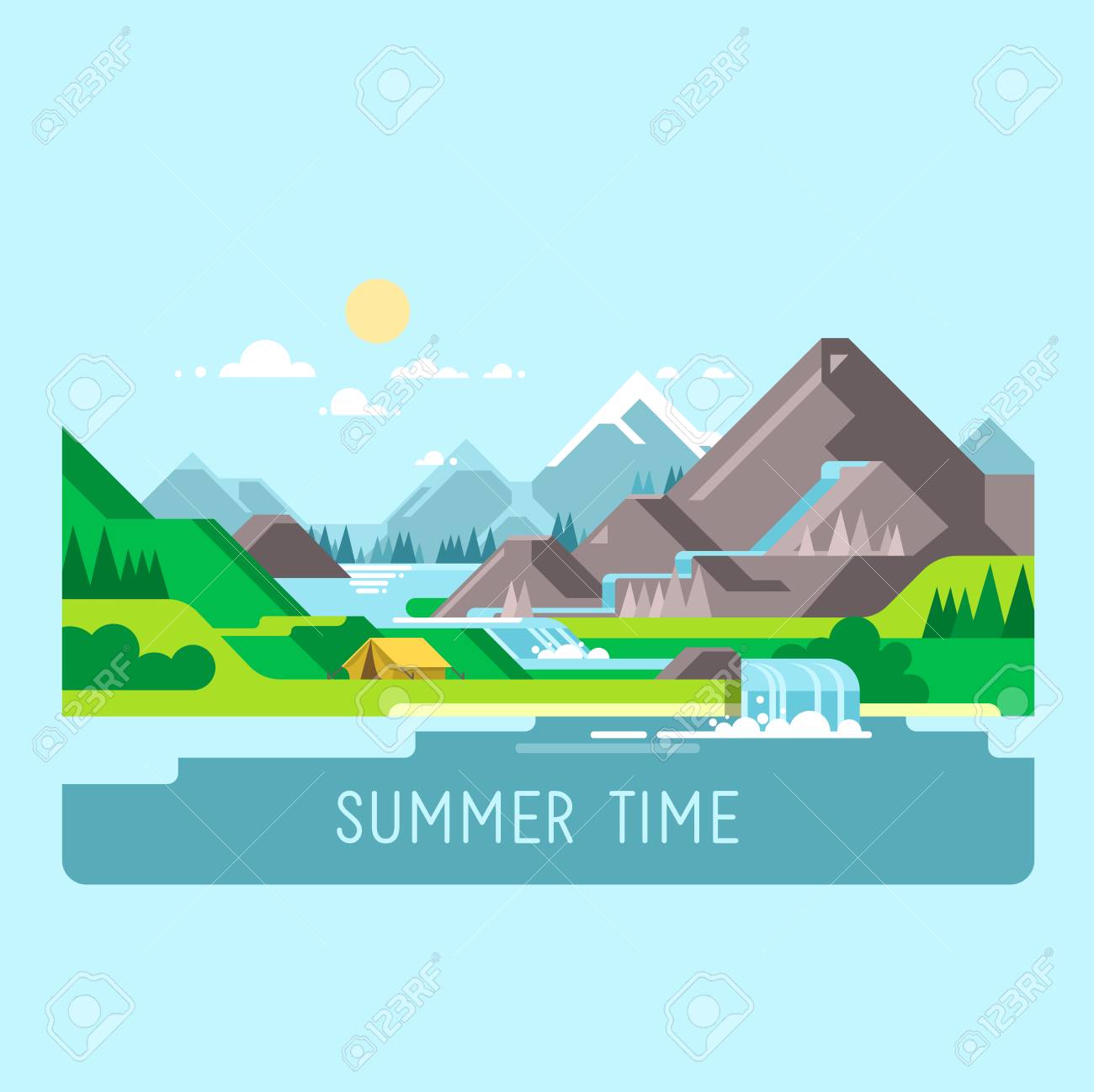 flat design nature landscape illustration with sun mountains landscape illustration