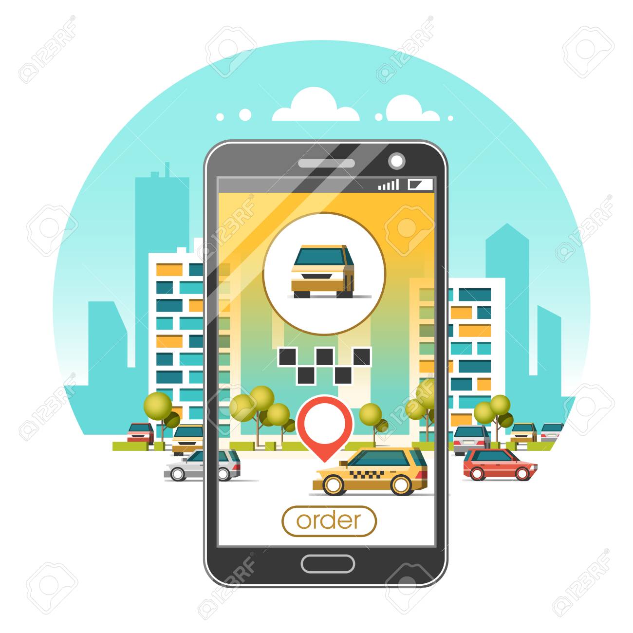 タクシーサービスモバイルアプリケーション スマートフォン上の車を持つ都市の高層ビルのスカイライン アプリケーションのナビゲート フラットベクターイラスト のイラスト素材 ベクタ Image