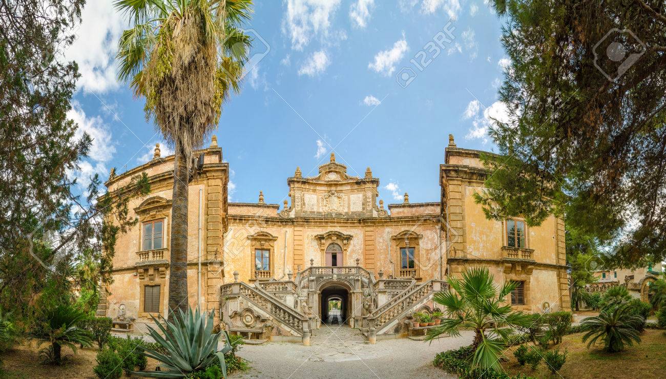 Panorama Of The Villa Palagonia Is A Patrician Villa In Bagheria, 15 Km  From Palermo, In Sicily, Southern Italy. Villa Is One Of The Earliest  Examples Of Sicilian Baroque. Stock Photo, Picture, image size:1300x740