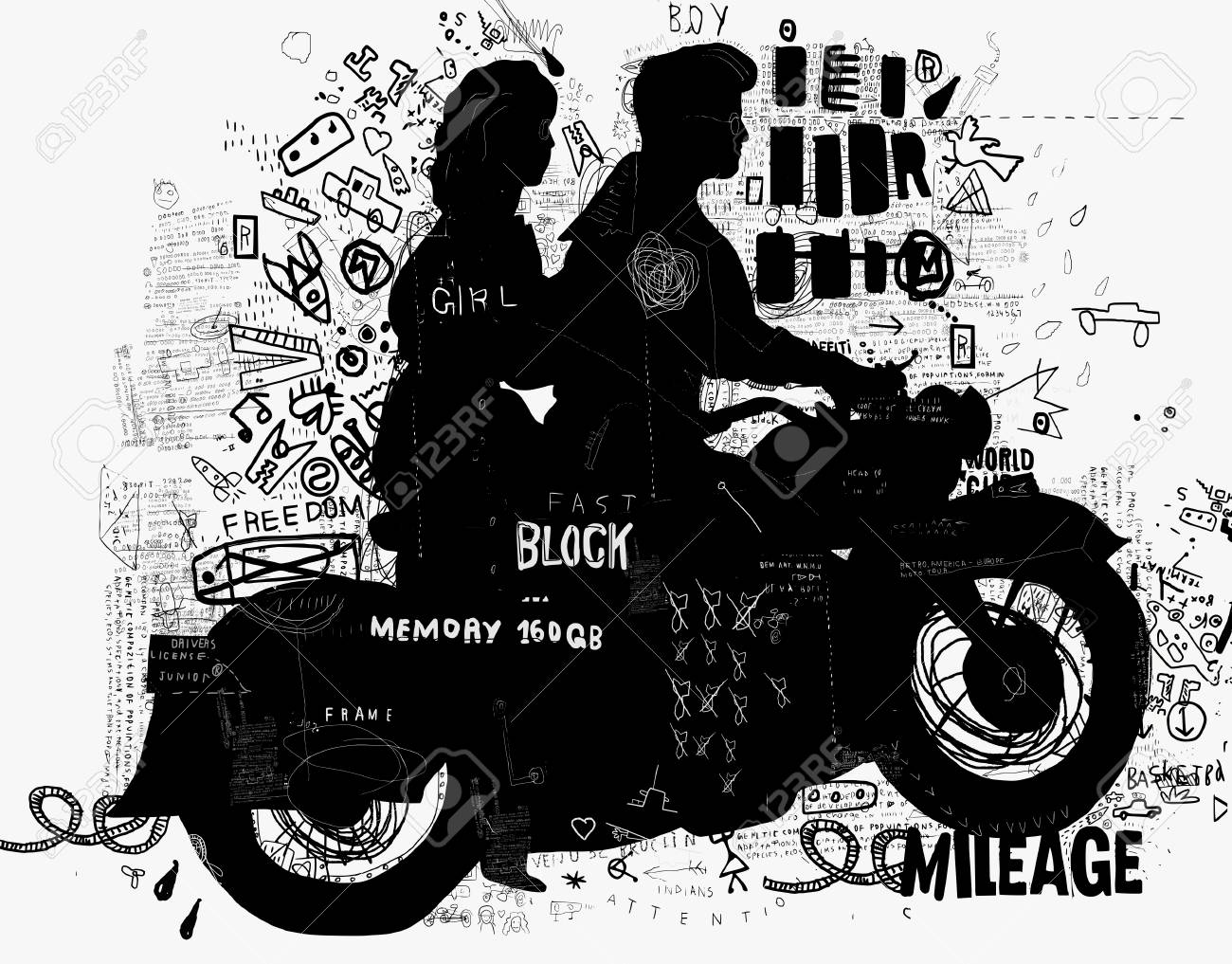 バイクの象徴的なイメージの男と女 のイラスト素材 ベクタ Image