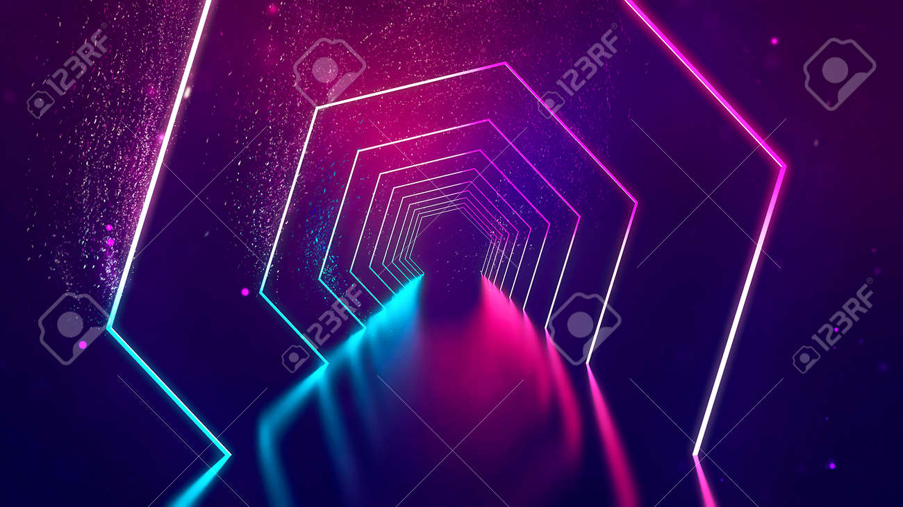 네온 불빛이 있는 방. 네온 복도와 자외선 추상적인 배경입니다. 3d 기술 배경입니다. LED 광선과 레이저로 미래 지향적인 컬러 조명  인테리어. 3d 렌더링. 로열티 무료 사진, 그림, 이미지 그리고 스톡포토그래피. Image 171375305
