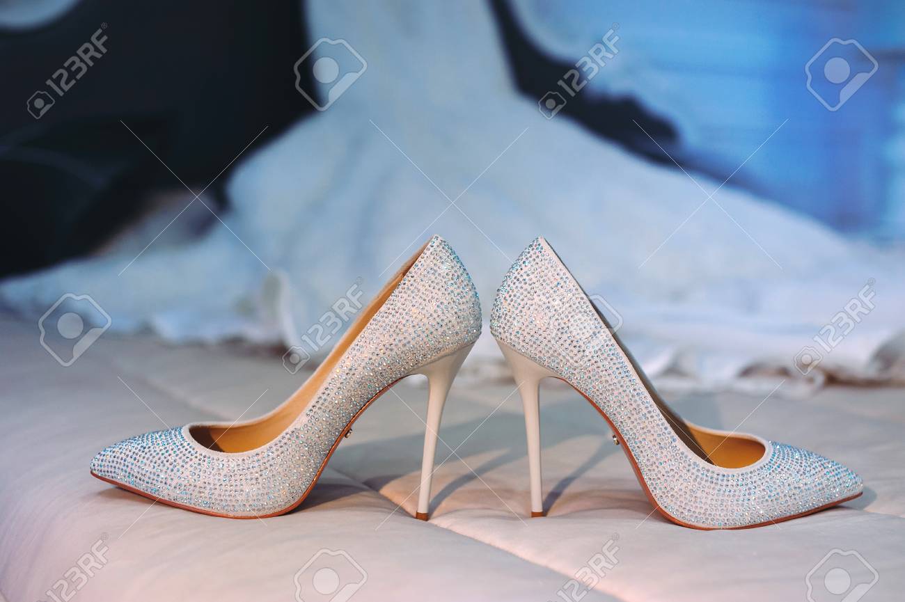 Elegant White Bride Shoes Wedding Accessories Preparations Stock