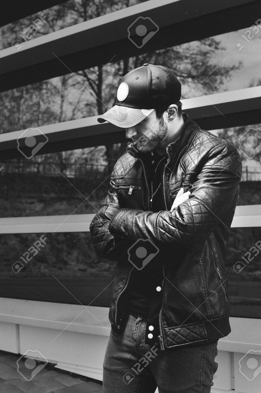 black leather jacket with cap