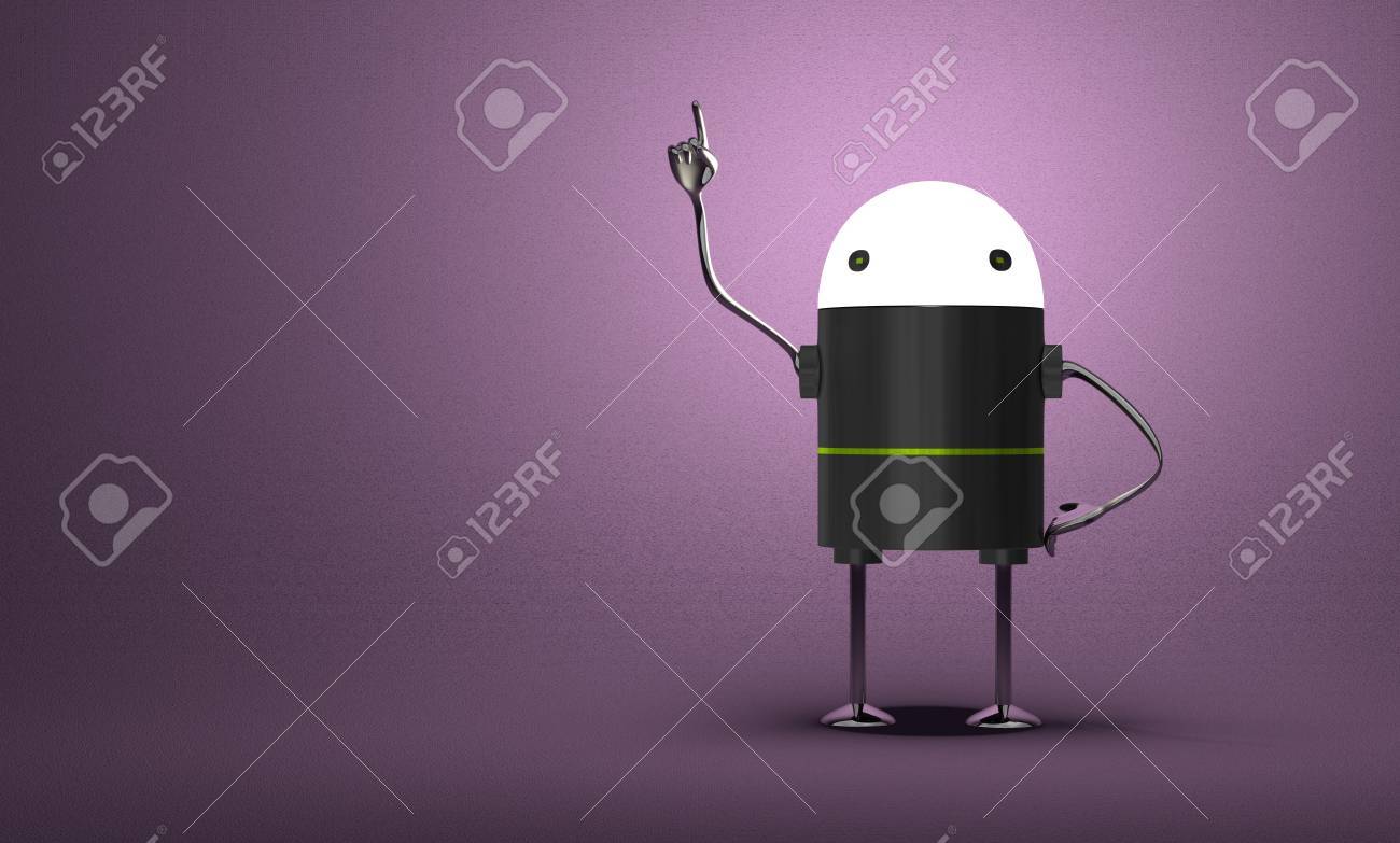 Robot with glowing head, black plastic body, metallic arms and legs in moment of insight on violet textured background - 30588285 Robot with glowing head, black plastic body, metallic arms and legs in moment of insight on violet textured background - 30588285