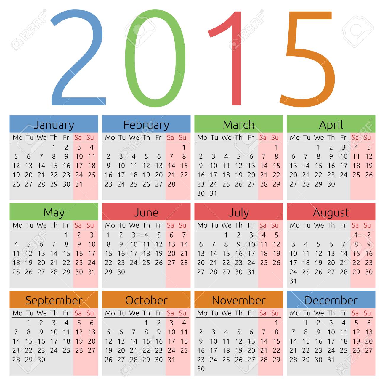Calendar 2015, Different Color For Each Season Royalty Free SVG, Cliparts,  Vectors, and Stock Illustration. Image 38478544., image size:1300x1300