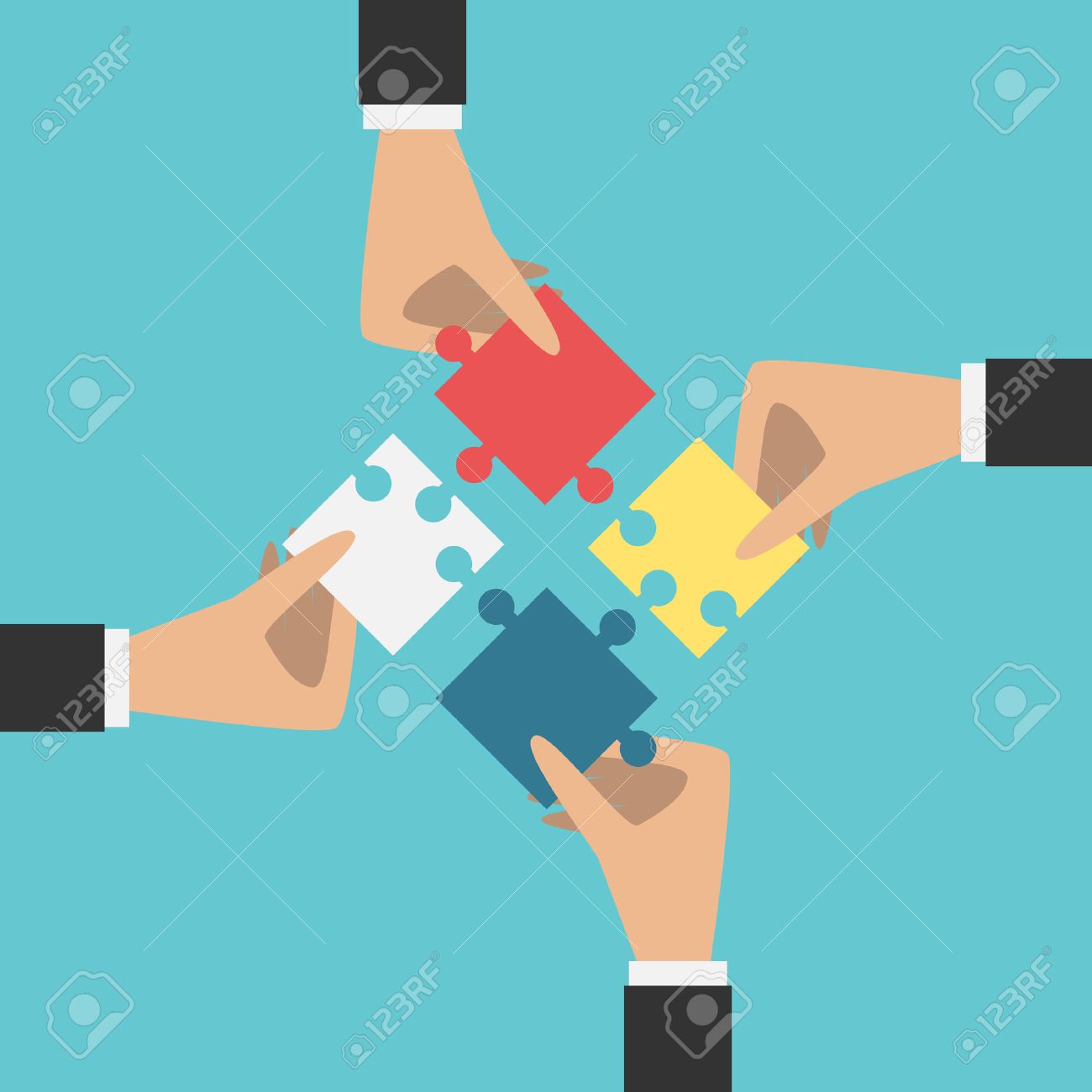Four hands putting multi color puzzle pieces together. - 51637118 Four hands putting multi color puzzle pieces together. - 51637118