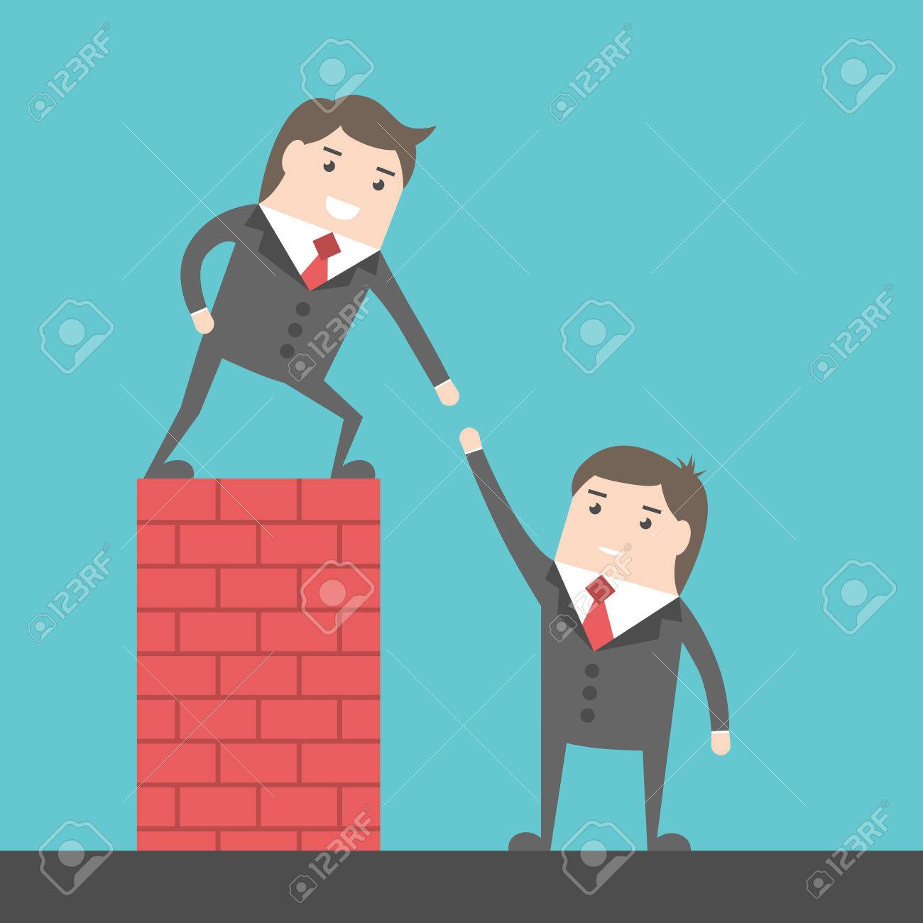 自信を持って成功した財界の巨頭もう 1 つを助けるレンガ壁を乗り越えます ヘルプ 案内 チーム コンセプト のイラスト素材 ベクタ Image
