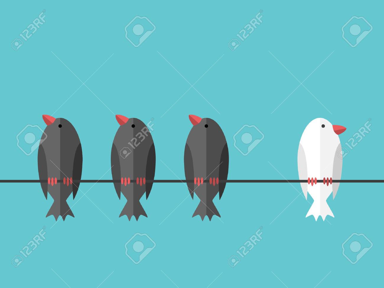 Single white unique bird perching on wire aside of many black ones on blue sky background. Courage, will power and individuality concept. Flat design. EPS 8 vector illustration, no transparency - 70792073 Single white unique bird perching on wire aside of many black ones on blue sky background. Courage, will power and individuality concept. Flat design. EPS 8 vector illustration, no transparency - 70792073