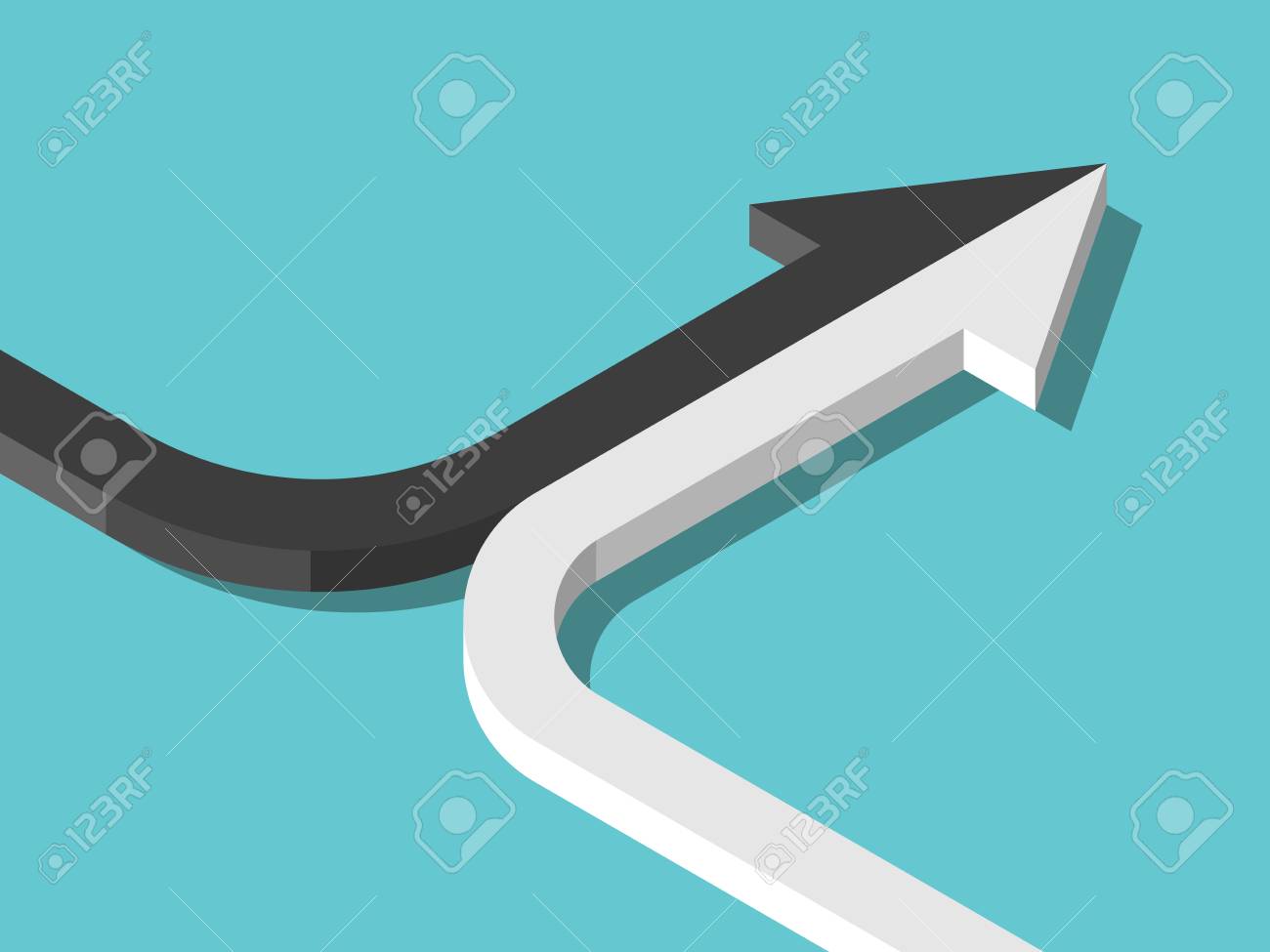 Isometric arrow formed by two merging black and white lines on turquoise blue. Partnership, merger, alliance and integration concept. Flat design. Vector illustration, no transparency, no gradients - 106383244 Isometric arrow formed by two merging black and white lines on turquoise blue. Partnership, merger, alliance and integration concept. Flat design. Vector illustration, no transparency, no gradients - 106383244