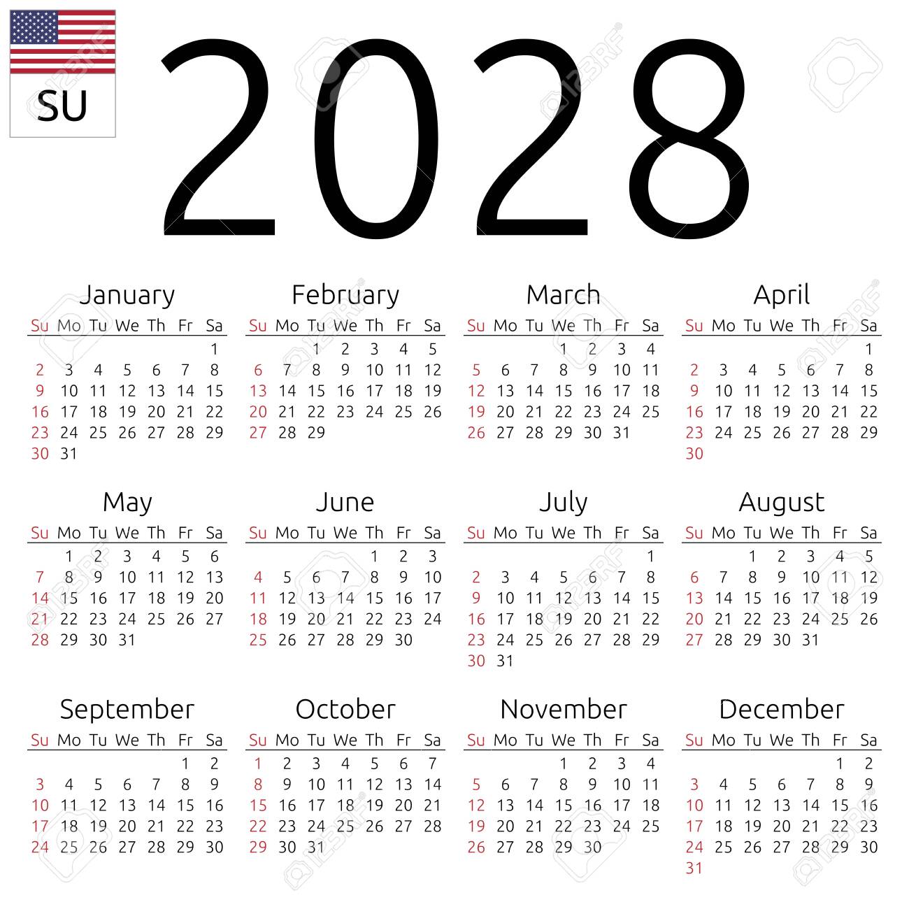 Simple Annual 2028 Year Wall Calendar. English Language. Week Starts On  Sunday. Sunday Highlighted. No Holidays Highlighted. EPS 8 Vector  Illustration, No Transparency, No Gradients Royalty Free SVG, Cliparts,  Vectors, and Stock