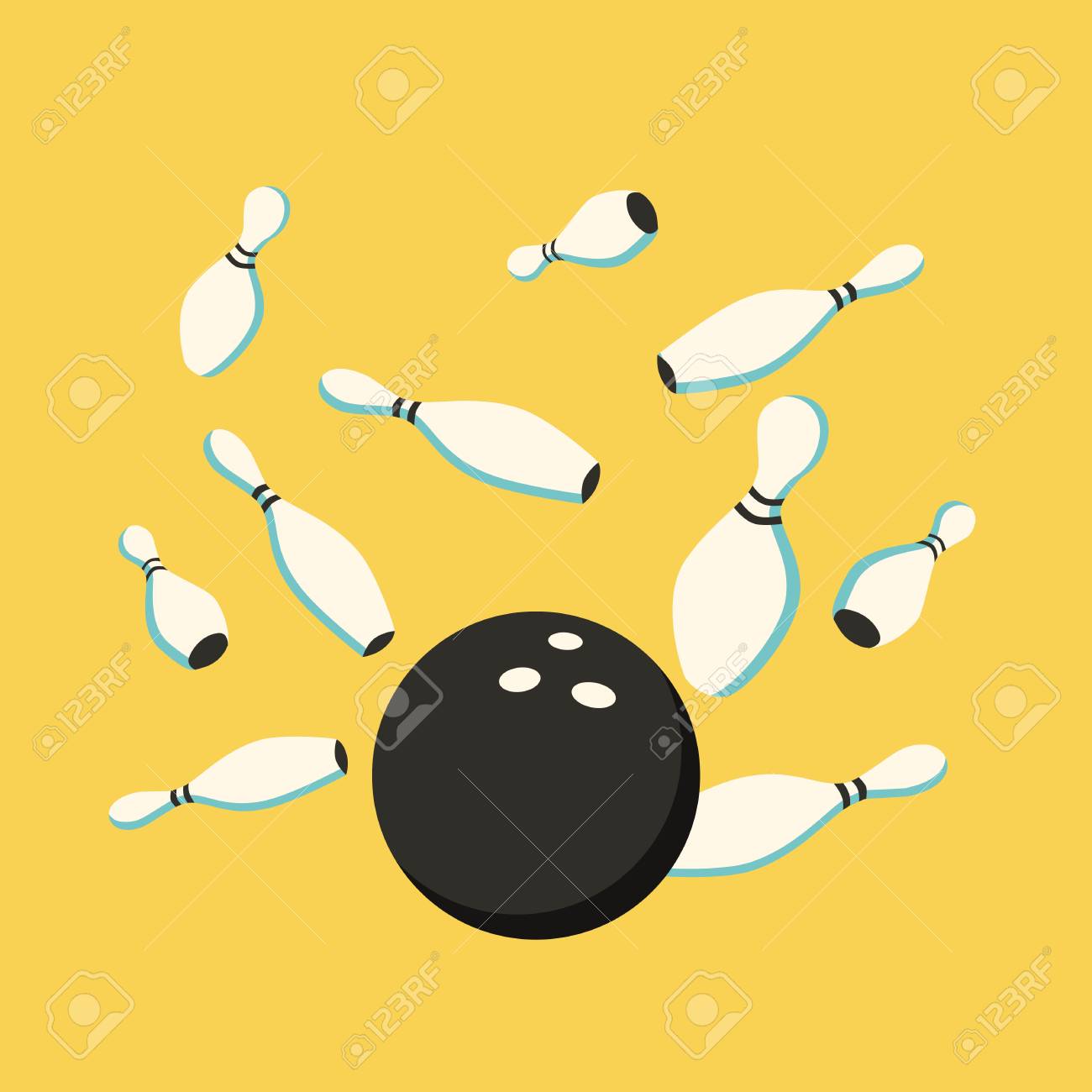 ボウリングのボールがピンにクラッシュします 散布図のピン ベクトル漫画のイラスト ミニマルなデザイン ボウリングのボールの動き ストライクのイラスト素材 ベクタ Image
