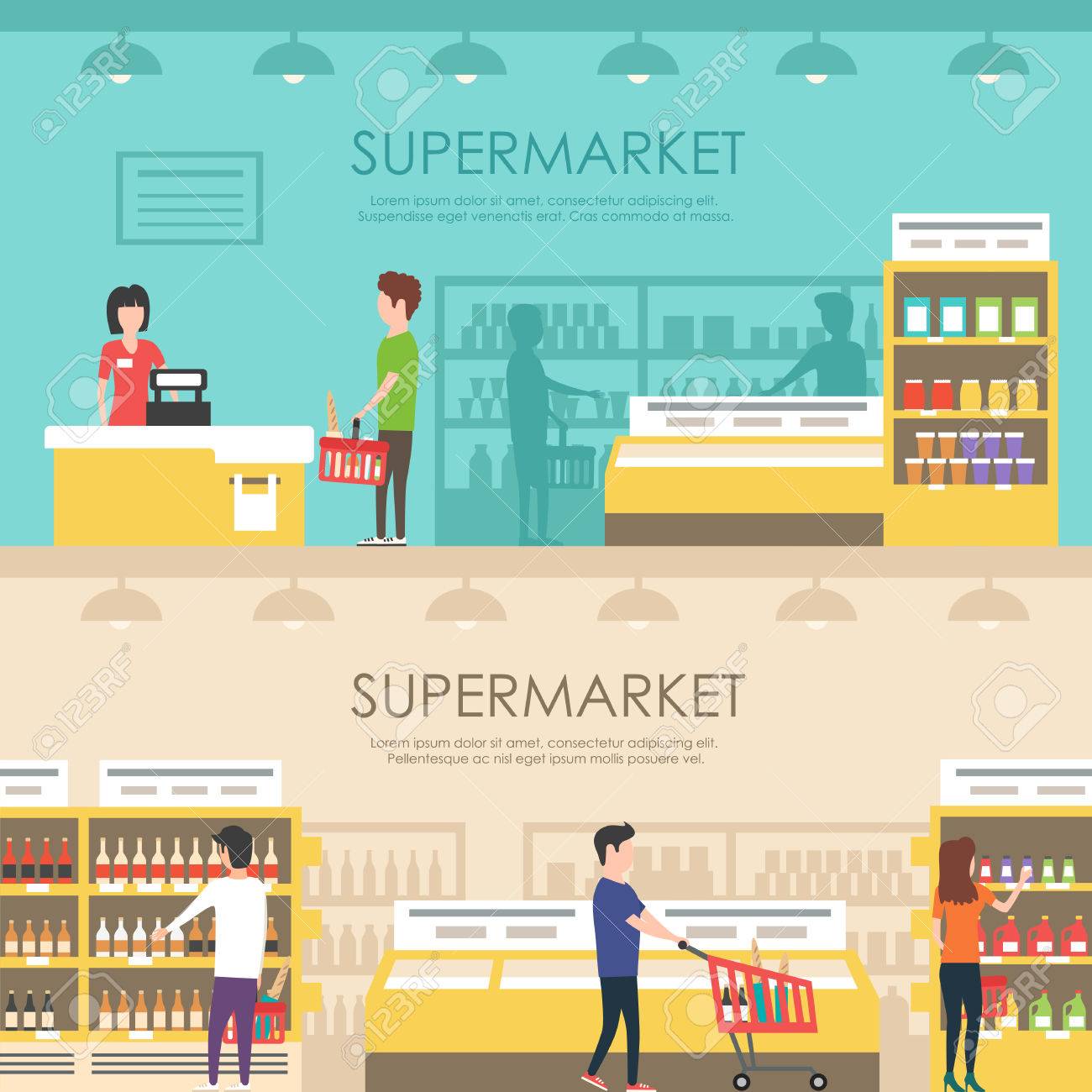スーパー マーケットでの人々 ベクトル フラット イラスト ショッピングの人々 屋内市場 食料品店 のイラスト素材 ベクタ Image