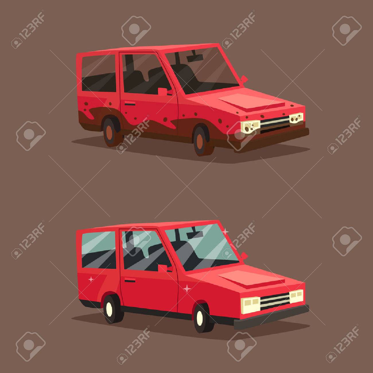 汚いときれいな車です アメリカの自動車 漫画のベクトル図です 車を洗ってください 汚れや分離輝くきれいな車です デザイン要素 のイラスト素材 ベクタ Image
