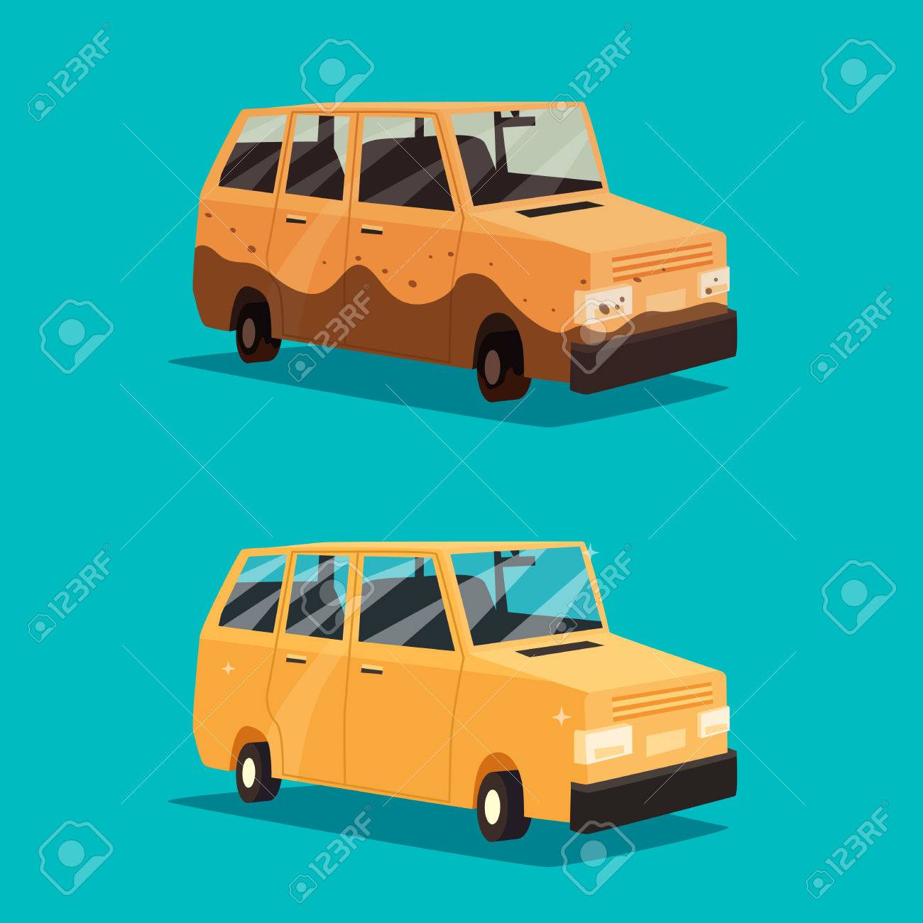 汚いときれいな車です アメリカの自動車 漫画のベクトル図です 車を洗ってください 汚れや分離輝くきれいな車です デザイン要素 のイラスト素材 ベクタ Image