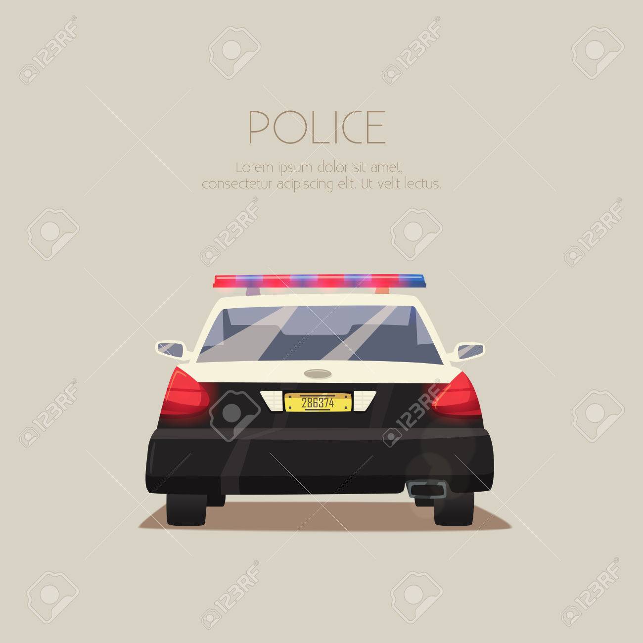 警察の車 漫画イラスト 分離の背景 アメリカ技術開発室セキュリティ自動 背面図 近代的な輸送のイラスト素材 ベクタ Image