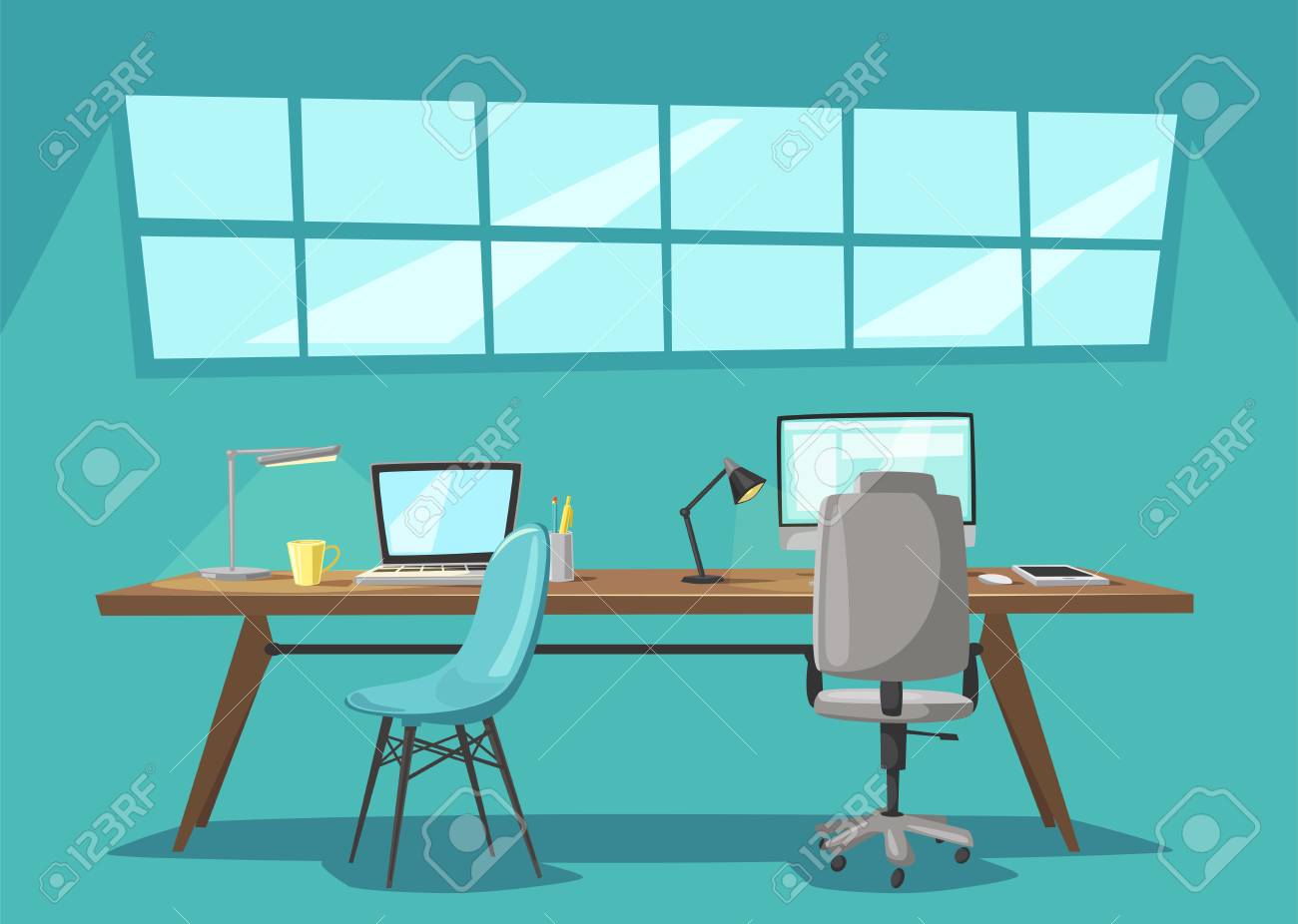 Lieu De Travail Moderne Bureau De Travail Illustration De Vecteur De Dessin Anime Espace De Travail De Concepteur Meubles Dans L Interieur Pour Le Web Et La Banniere Clip Art Libres De Droits