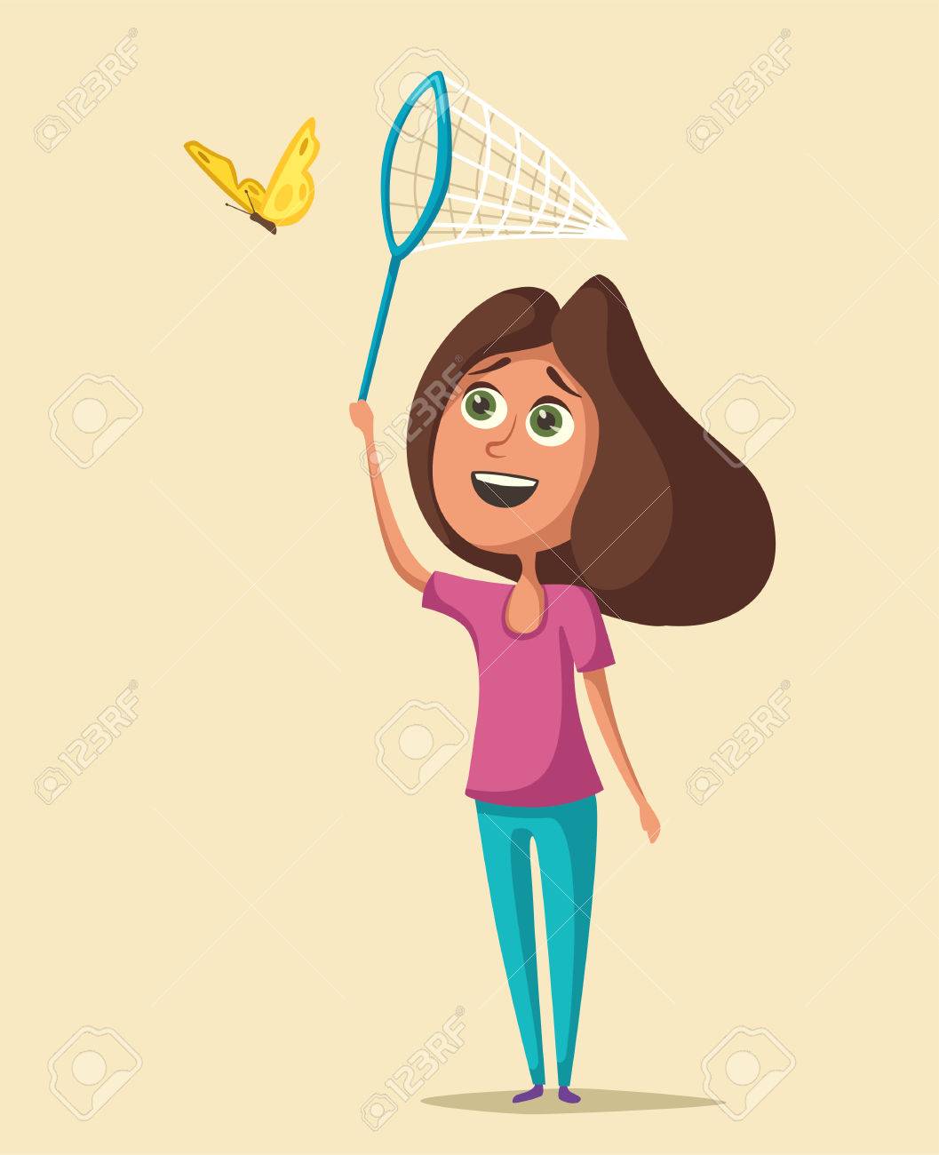 Happy Girl Catching Butterflies. Cartoon Vector Illustration Royalty Free  SVG, Cliparts, Vectors, and Stock Illustration. Image 74686954., image size:1057x1300