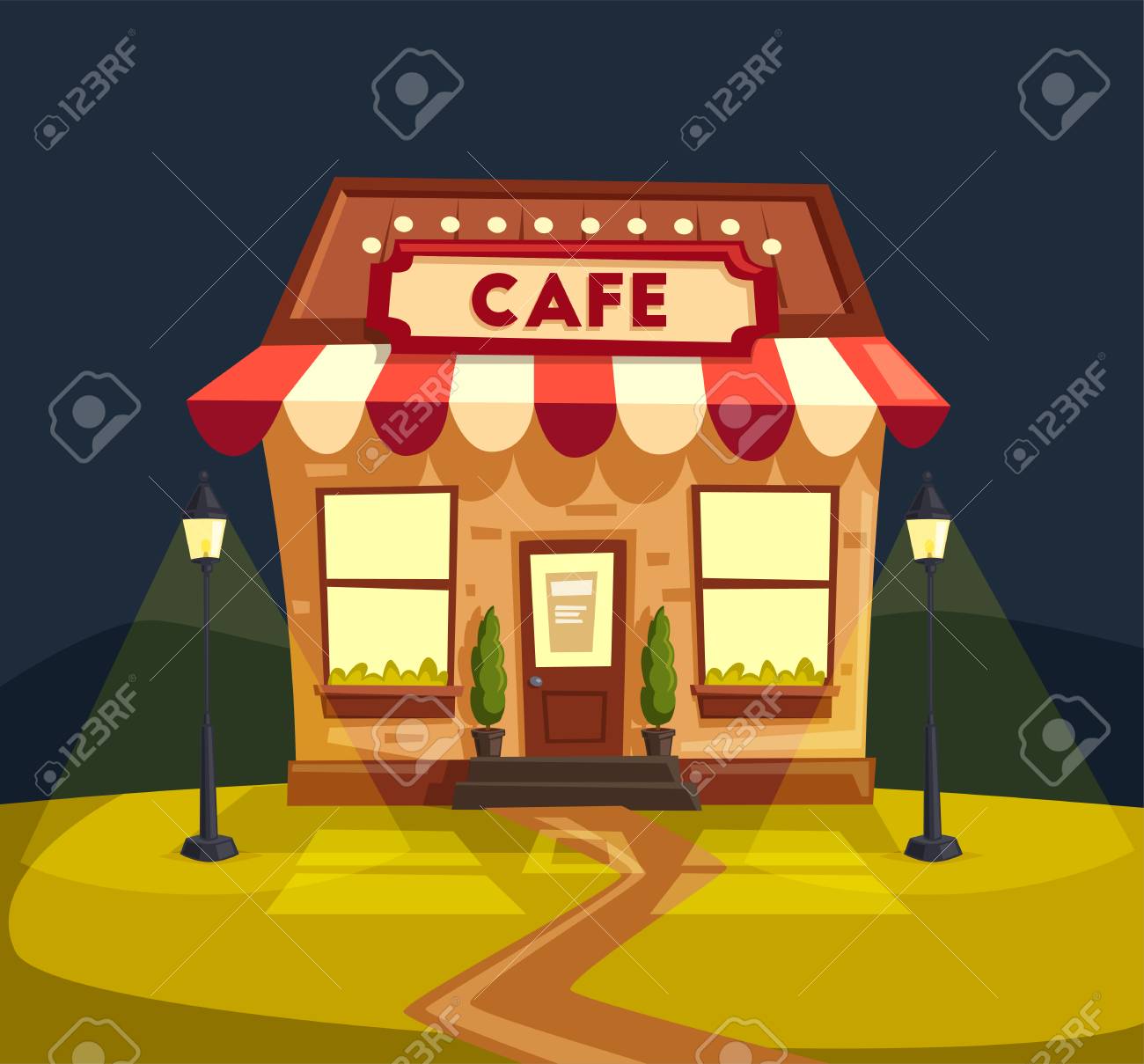 Restaurant Or Cafe. Exterior Building. Vector Cartoon Illustration Royalty  Free SVG, Cliparts, Vectors, and Stock Illustration. Image 81002349., image size:1300x1209
