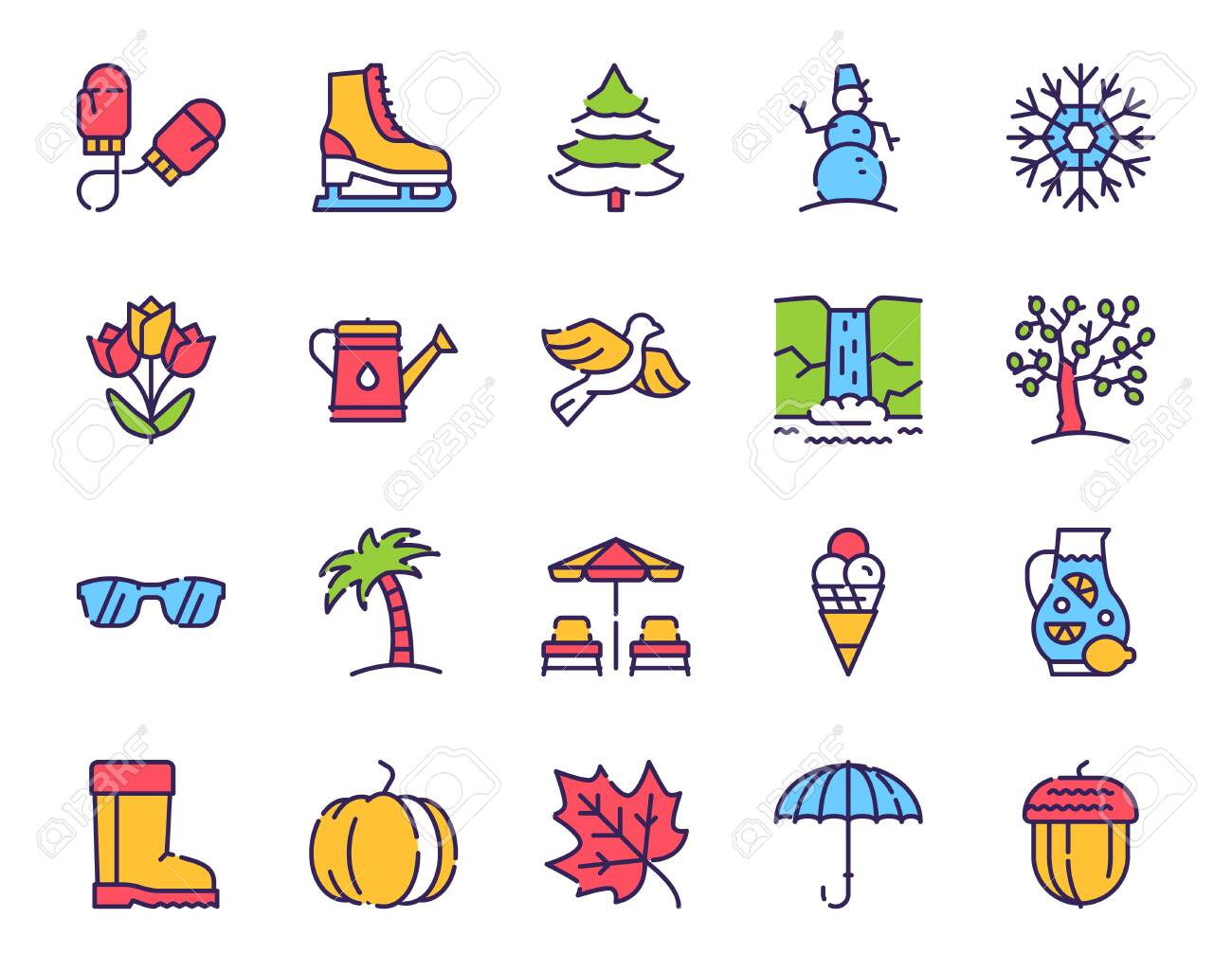 Seasons items color linear icons set. Winter, spring, summer.. Seasons items color linear icons set. Winter, spring, summer..