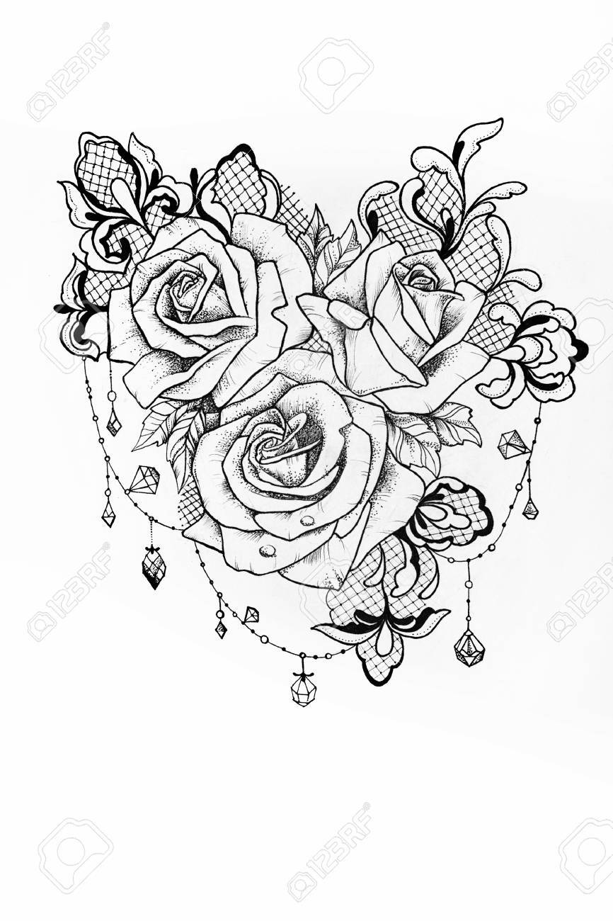 Sketch Of A Bouquet Of Roses With Patterns On A White Background