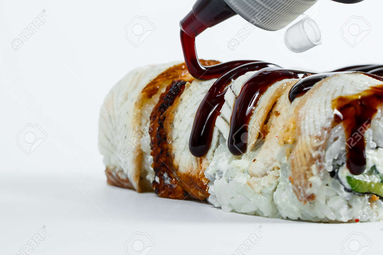 Japanese Food Sushi Rolls With Eel And Cream Cheese Topped With Stock Photo Picture And Royalty Free Image Image 156205977