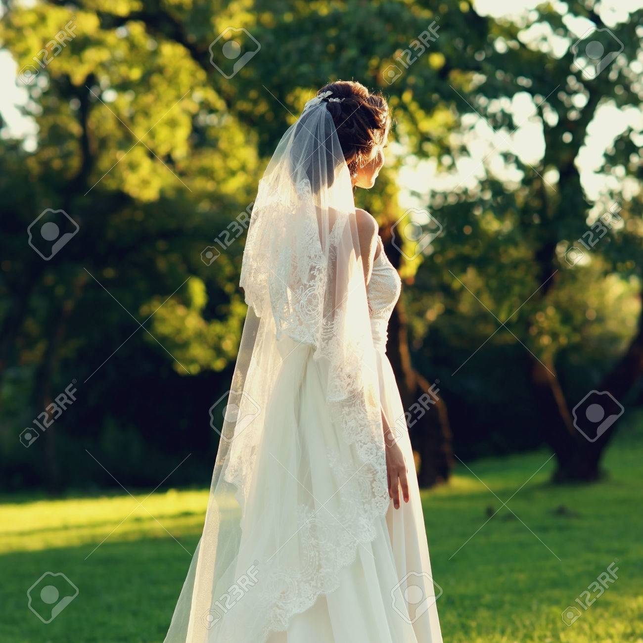 Jeune Belle Mariee En Robe Blanche Et Voile Debout Au Vert Pelouse Entre Les Arbres Au Coucher Du Soleil Vue Arriere Banque D Images Et Photos Libres De Droits Image 55314216
