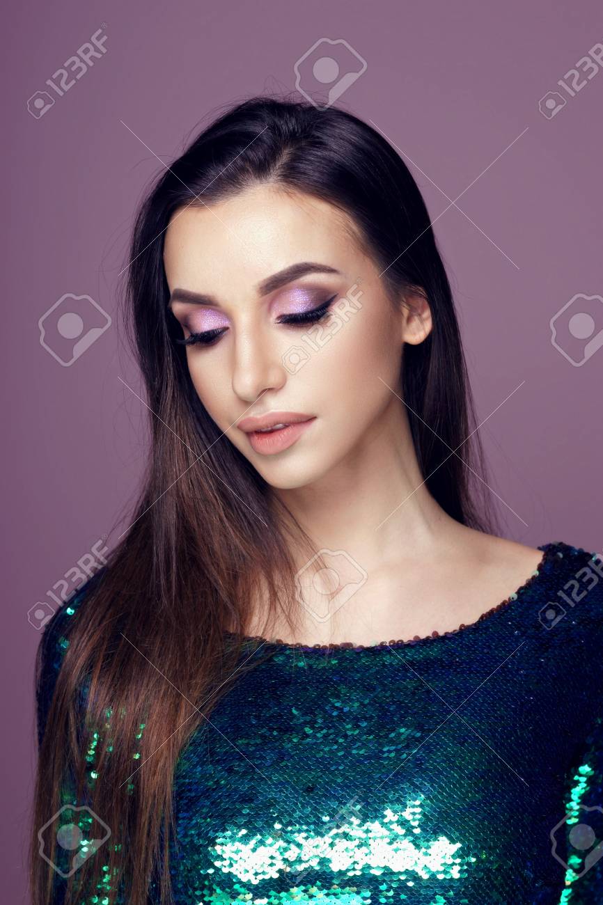 Closeup Beauty Studio Fashion Portrait Of Young Beautiful Girl With Long Brunette Dark Hair And Nakeup Closeup Beauty Studio Fashion Portrait Of Young Beautiful Girl With Long Brunette Dark Hair And Nakeup