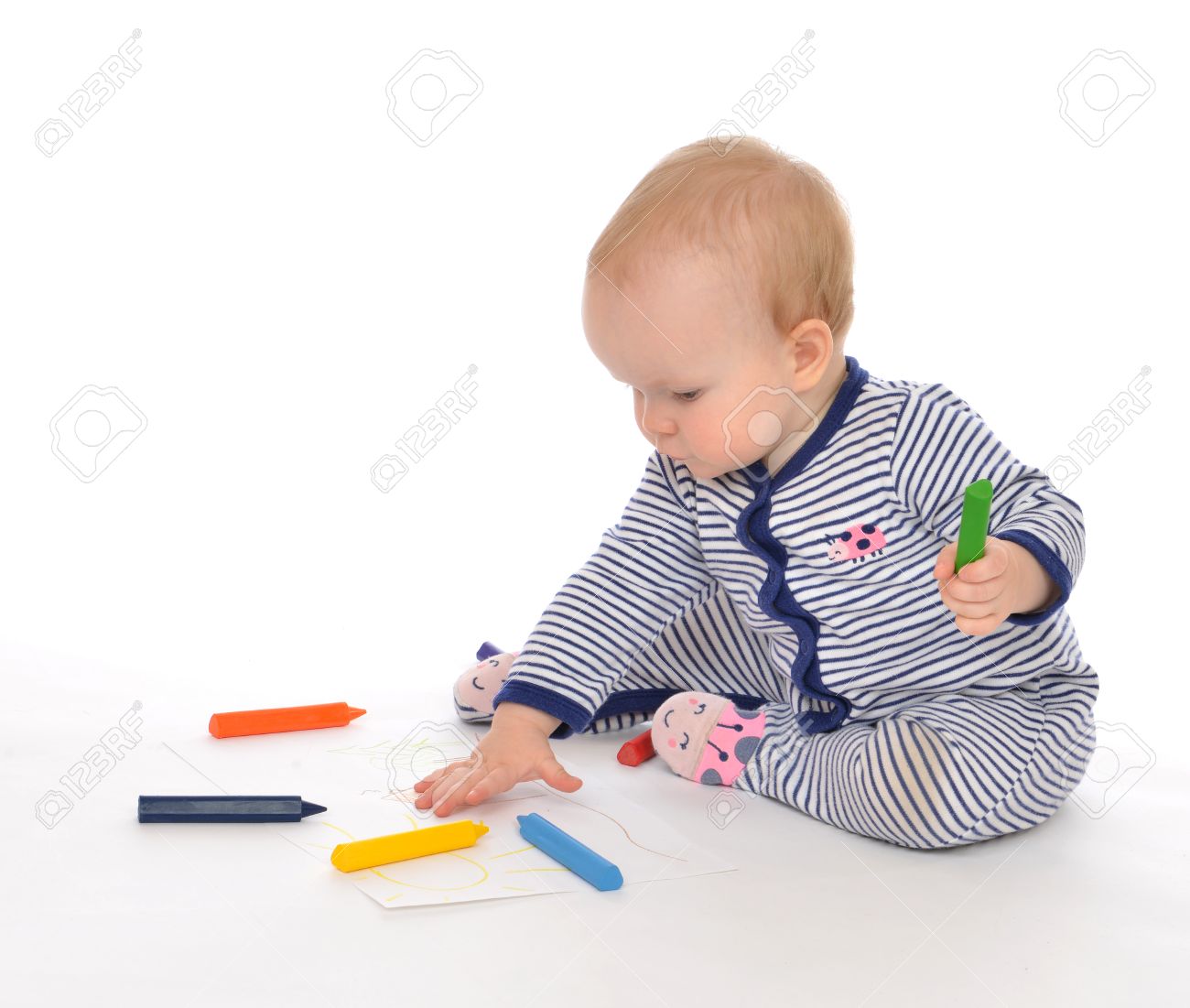 Infant Child Baby Toddler Sitting Drawing Painting With Color Pencils Crayons On A White Background Stock Photo Picture And Royalty Free Image Image