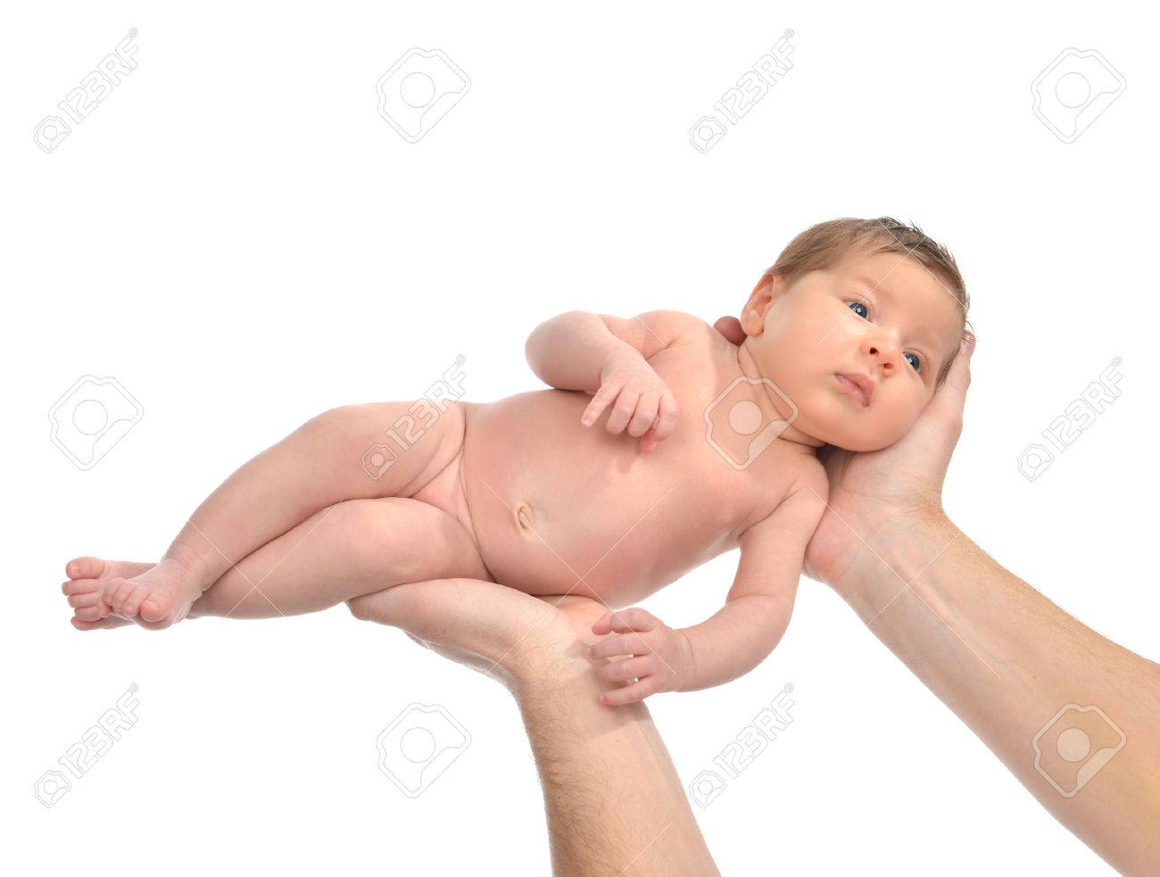 父の手保持新生児乳児育児の赤ちゃん女の子子供 白い背景上に分離されて 3 週間 の写真素材 画像素材 Image