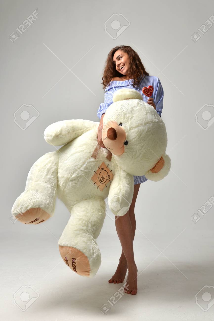 Young Beautiful Girl With Big Teddy Bear Soft Toy Happy Smiling ...