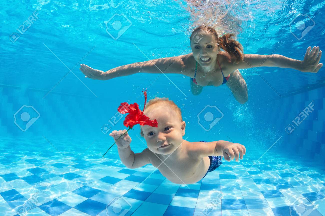 Family Fitness Happy Mother Active Baby Son Learning Swim Dive Underwater With Fun In Pool Active Parents Healthy Lifestyle Water Sport Activities Kids Aqua Classes Children Swimming Lesson Stock Photo Picture