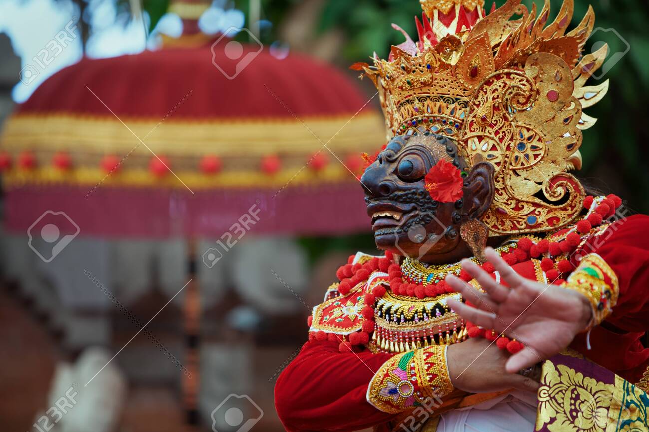 Traditional Balinese costume and mask Tari Wayang Topeng - characters of Bali culture. Temple ritual dance at ceremony on religious holiday. Ethnic festivals, arts of Indonesian people - 137755744 Traditional Balinese costume and mask Tari Wayang Topeng - characters of Bali culture. Temple ritual dance at ceremony on religious holiday. Ethnic festivals, arts of Indonesian people - 137755744