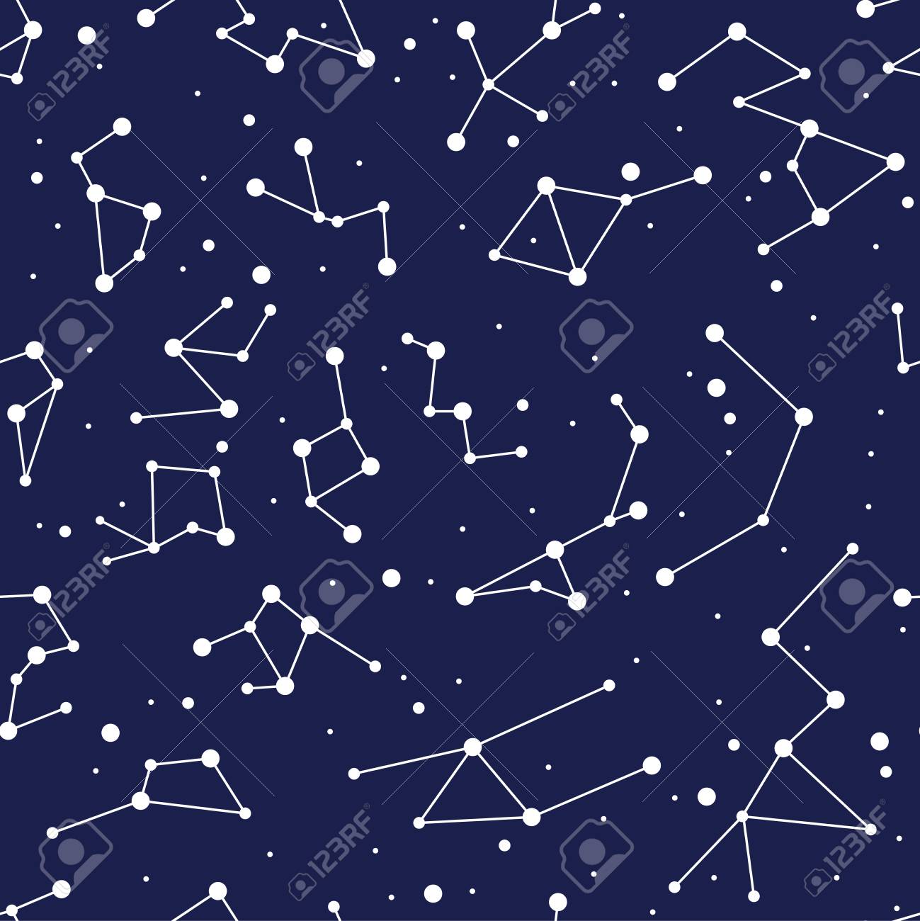 星座のシームレスな背景パターンをベクトル 青い宇宙の星と星座マップ 天文学と占星術のシンボルの抽象的なイラスト 夜の空の星座の無限のデザインのイラスト素材 ベクタ Image