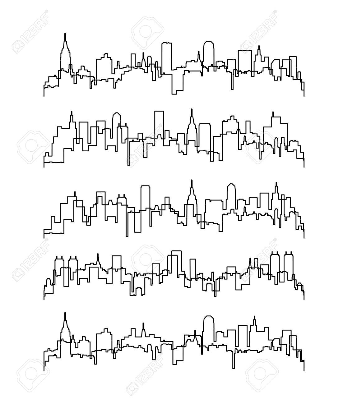 白黒の都市または町のスカイライングラフィックのベクトルセット 建物の細い線の輪郭 都市アウトラインの背景 のイラスト素材 ベクタ Image