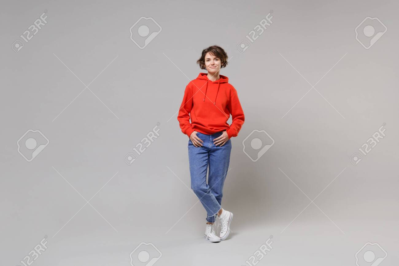 red hoodie blue jeans