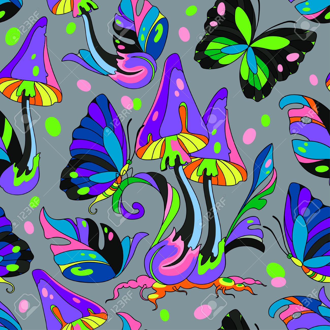 サイケデリックなキノコと蝶シームレスなパターンは 灰色の背景のイラスト素材 ベクタ Image