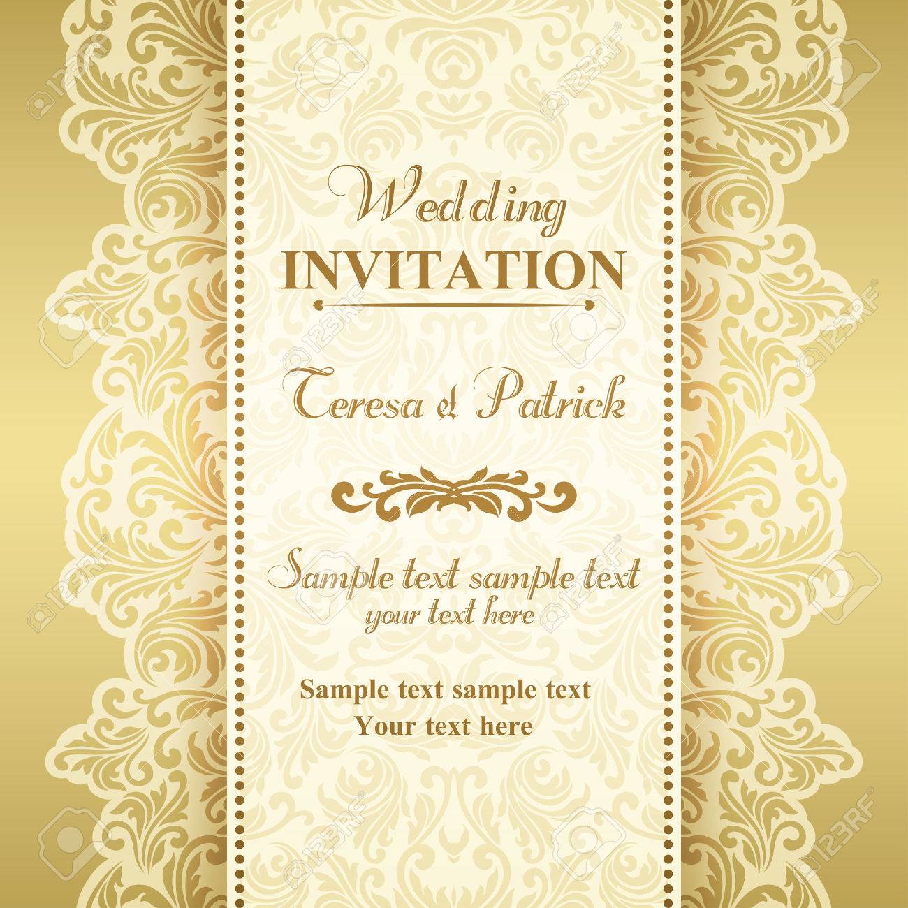 Baroque wedding invitation card in old-fashioned style, gold..