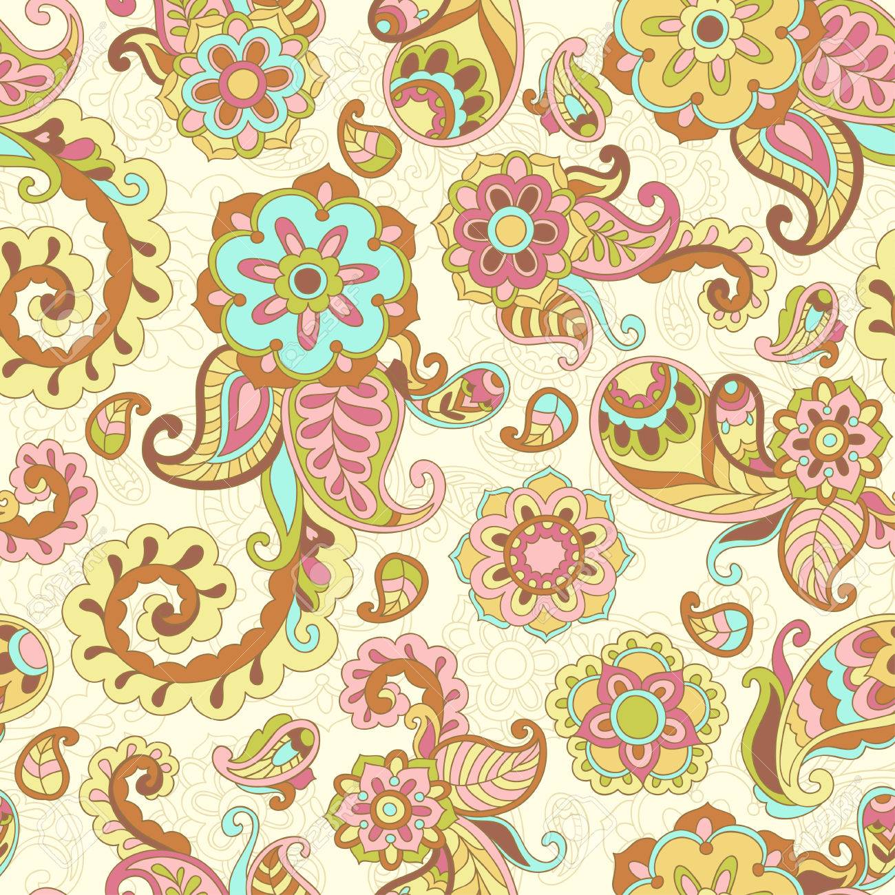 トルコ キュウリ サイケデリックなシームレスな華やかな柄 黄色のスタイル のイラスト素材 ベクタ Image