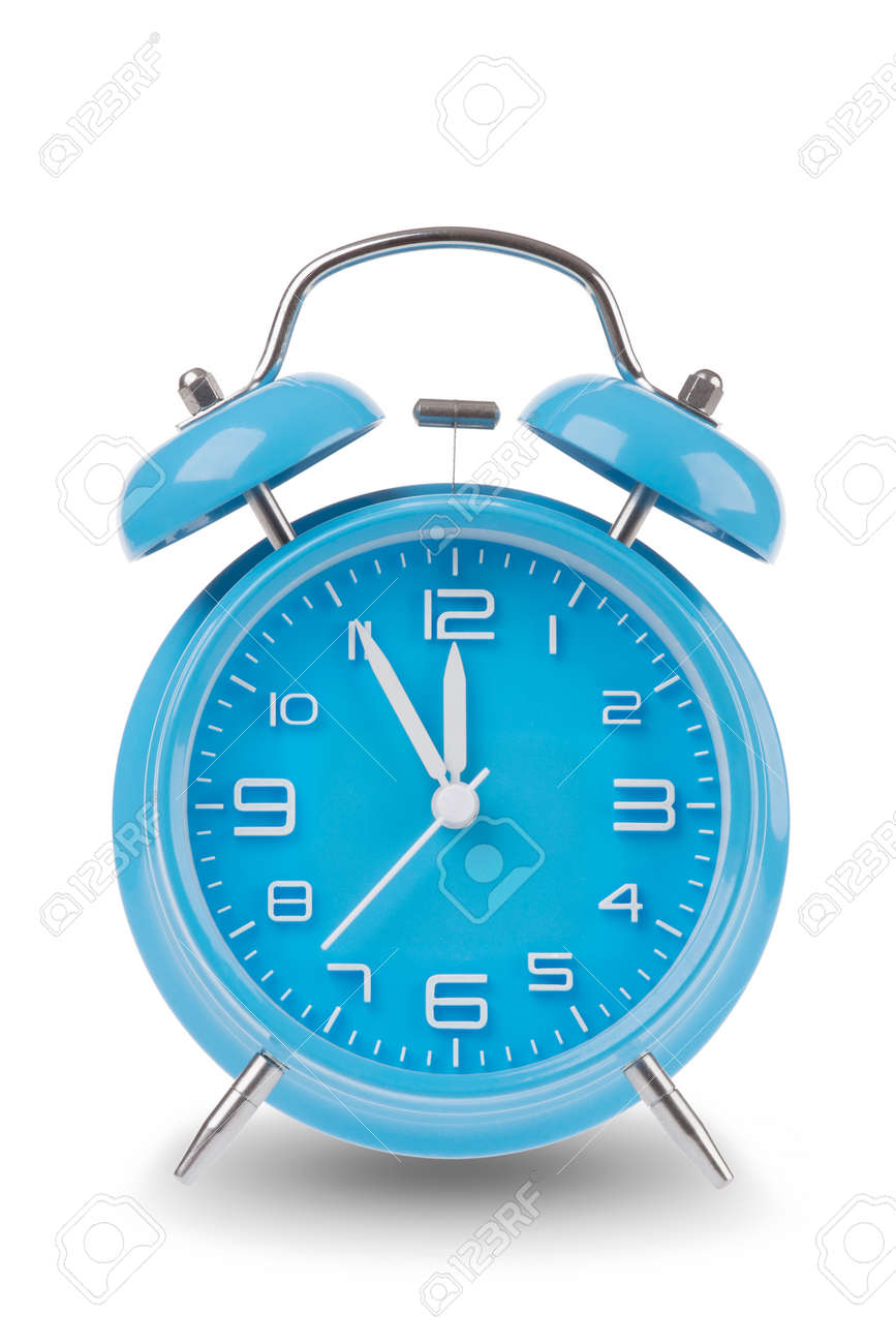 blue alarm clock with the hands at 5 minutes till 12 illustrating alarm for 5 minutes