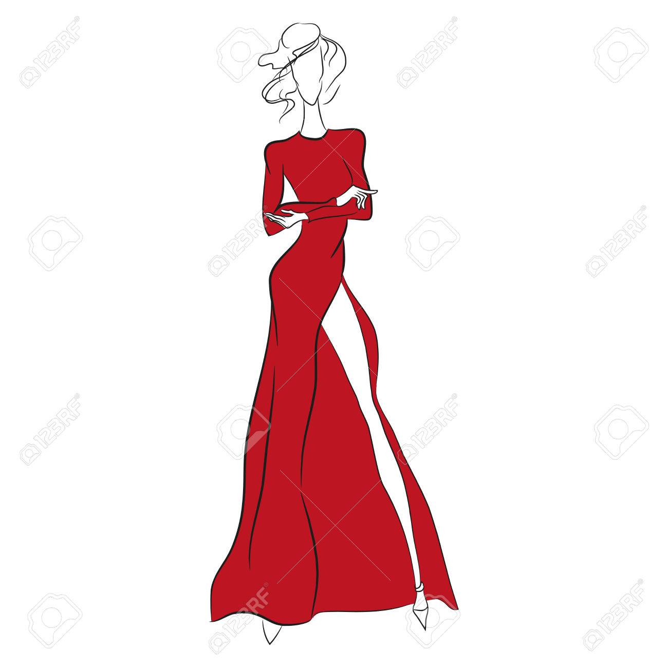 Vector fashion sketch. Beautiful model standing in long gorgeous..