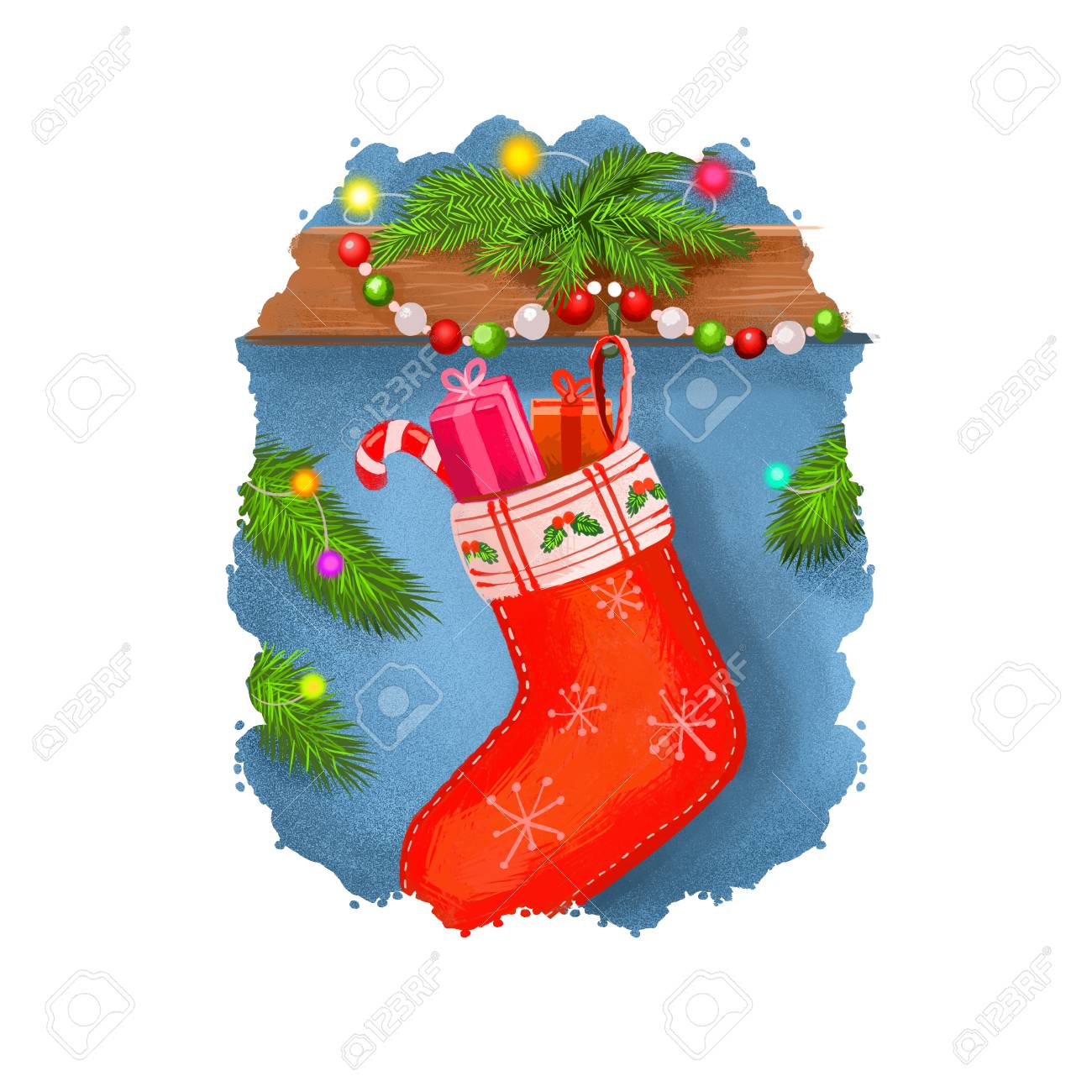 Ilustracion De Arte Digital Del Calcetin De Navidad Rojo Lleno De