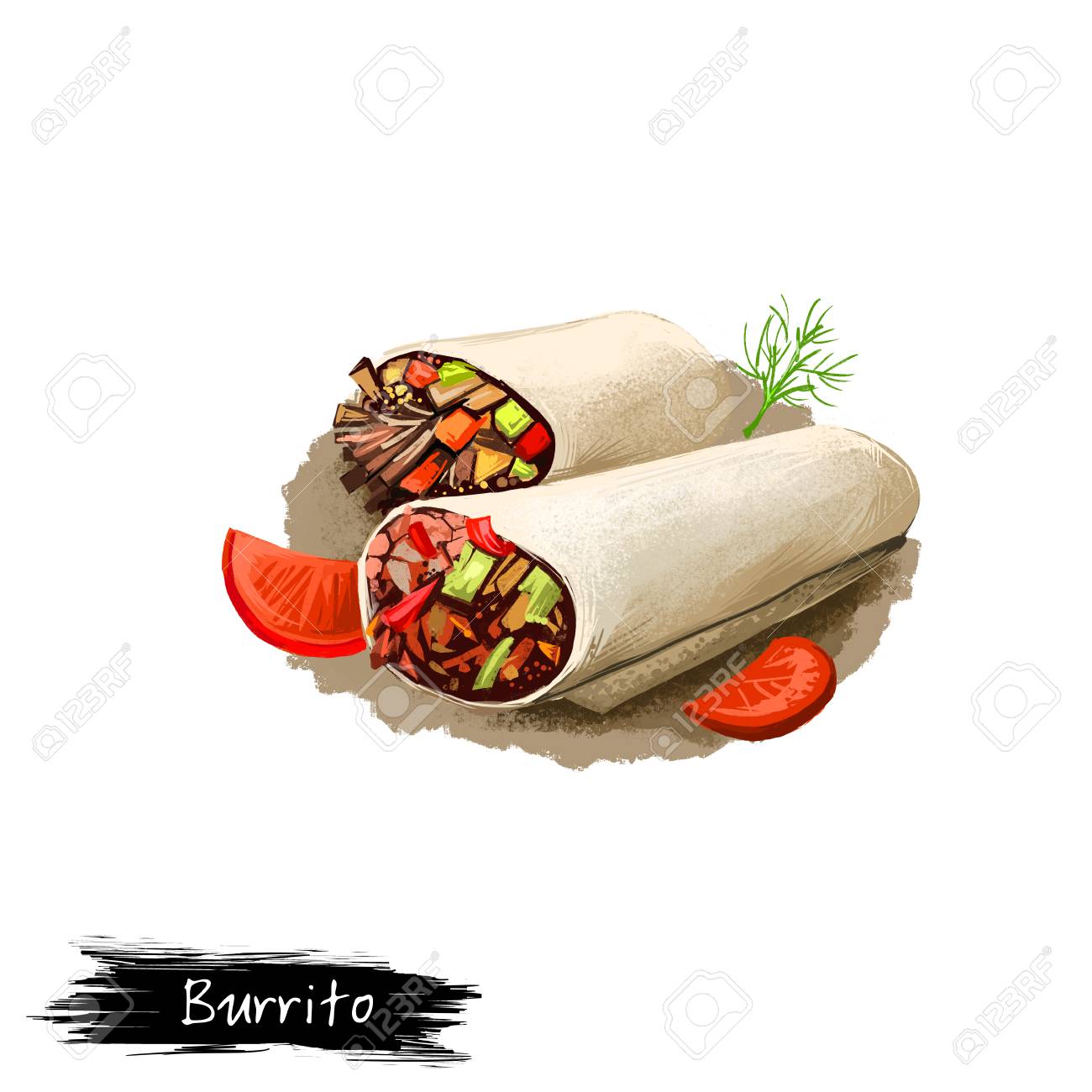 ピタパンに巻かれた野菜を入れたブリトー 白い背景に隔離されたケバブ ストリートフード テイクアウト テイクアウト ファーストフード手描きデジタル イラスト ウェブ プリント用グラフィッククリップアートデザイン の写真素材 画像素材 Image