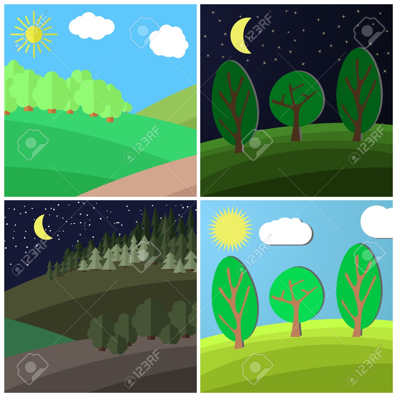 Conjunto De Paisaje De Verano. El Día Y La Noche En Un Claro En El Bosque. Ilustración Vectorial De Dibujos Animados. Ilustraciones Svg, Vectoriales, Clip Art Vectorizado Libre De Derechos. Image 64827672. Conjunto De Paisaje De Verano. El Día Y La Noche En Un Claro En El Bosque. Ilustración Vectorial De Dibujos Animados. Ilustraciones Svg, Vectoriales, Clip Art Vectorizado Libre De Derechos. Image 64827672.
