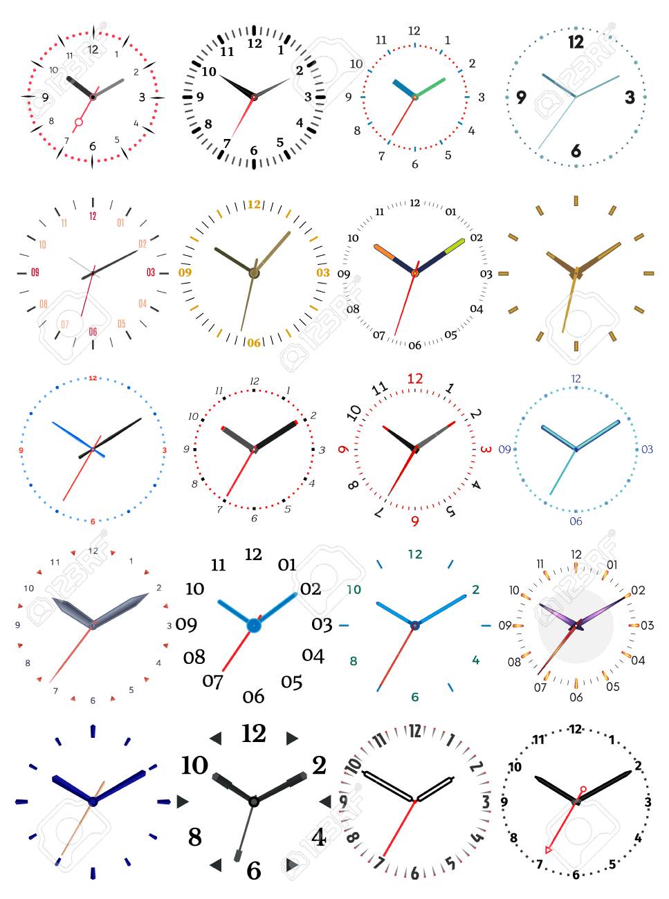 Set Of Twenty Mechanical Clocks. Clock Face On White Background ... Set Of Twenty Mechanical Clocks. Clock Face On White Background ...