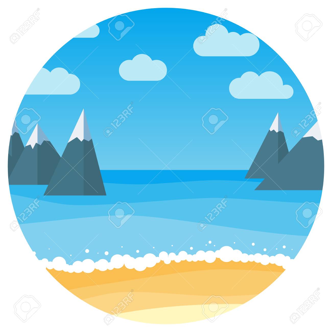 夏のビーチやサークルで岩の風景をベクトルします 砂浜のビーチ 青い空と海の波 風景のベクター イラストです のイラスト素材 ベクタ Image